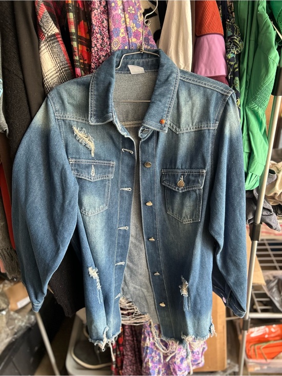 Jackets & Blazers - Classic Medium Blue Denim Shirt Jacket distressed with Lady Bug pin